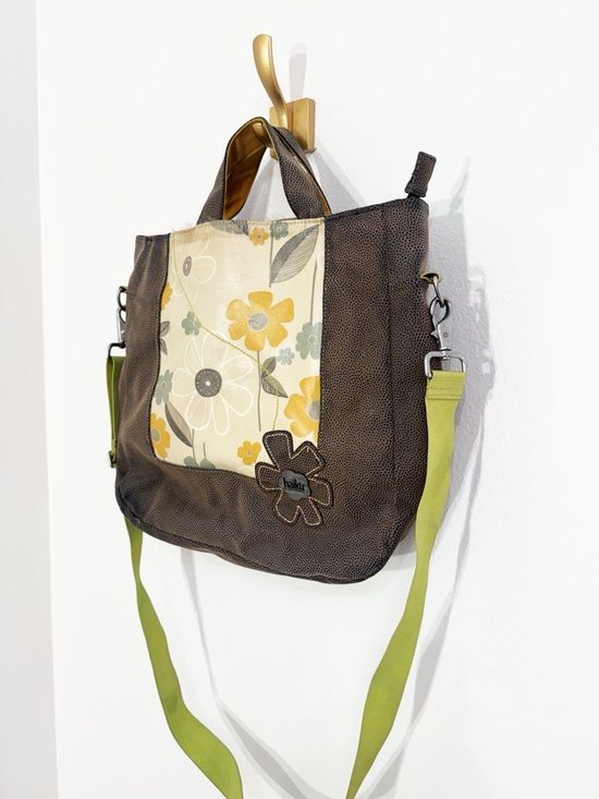 Handbags - Haiku large brown pebbled tote bag, floral vinyl inset, green crossbody strap